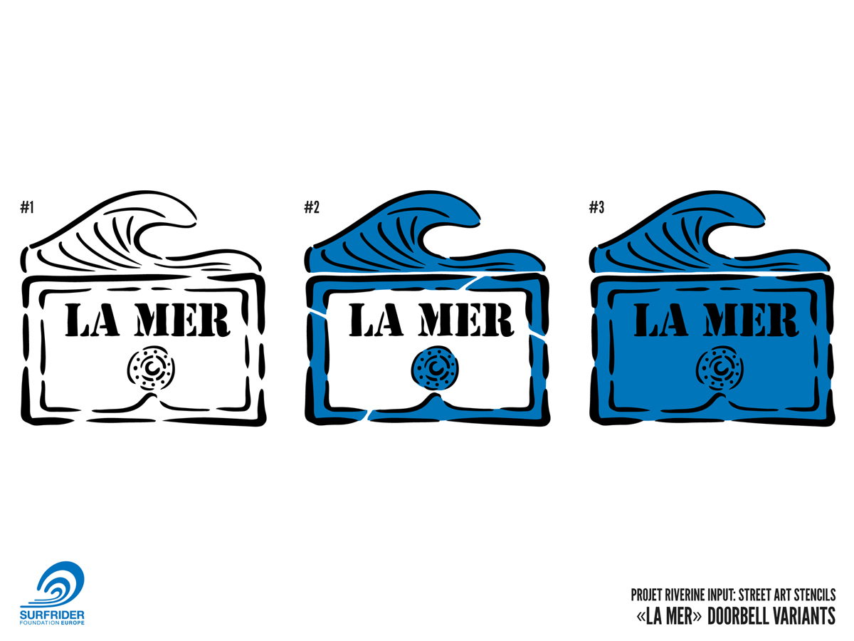 Surfrider Foundation Europe – Riverine Input Project: La mer doorbell (color variants & b/w illustrations)